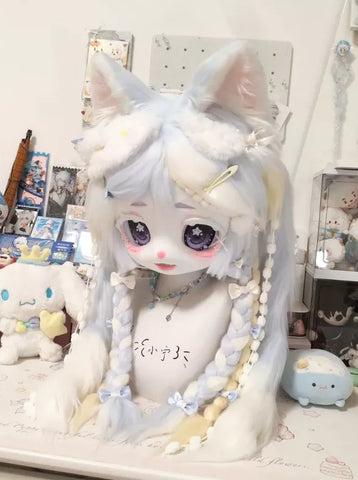Ice Blue Starry Cat Kigurumi Head Fursuit