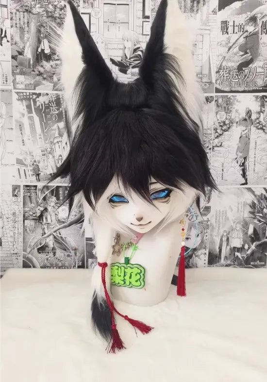 Black White Pear Blossom Fox Kigurumi Head Fursuit