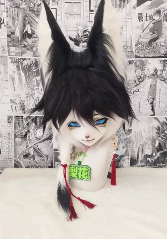 Black White Pear Blossom Fox Kigurumi Head Fursuit