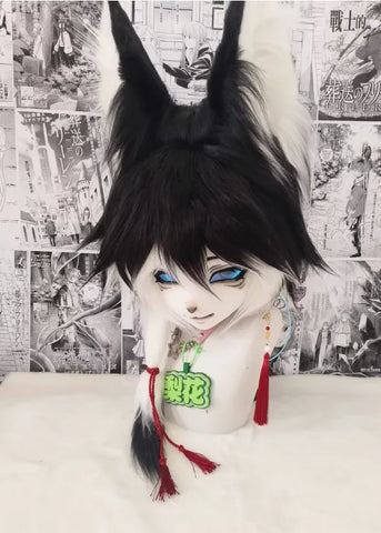 Black White Pear Blossom Fox Kigurumi Head Fursuit