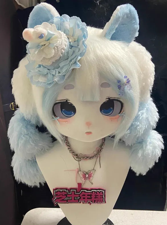 Pastel Blue Pink Angel Bunny Kigurumi Head Fursuit