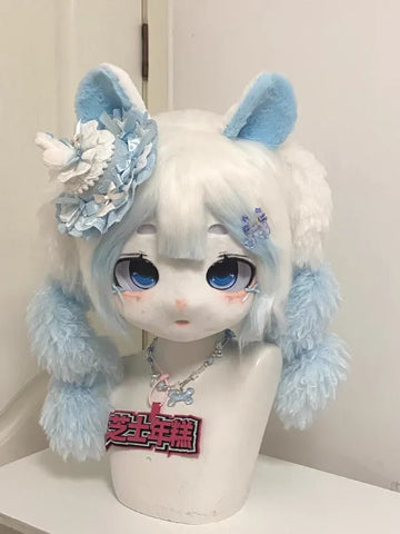 Pastel Blue Pink Angel Bunny Kigurumi Head Fursuit