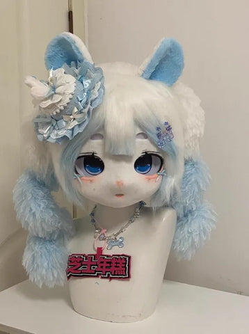 Pastel Blue Pink Angel Bunny Kigurumi Head Fursuit