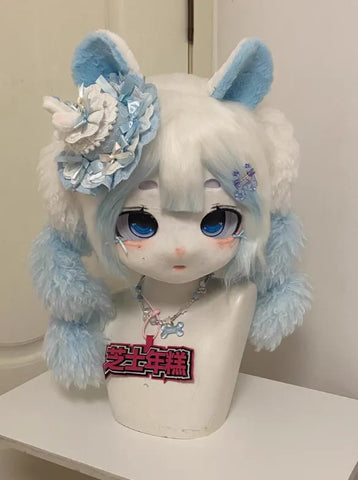 Pastel Blue Pink Angel Bunny Kigurumi Head Fursuit