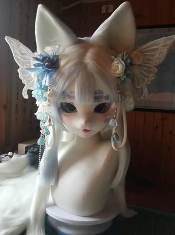 Pastel Blue White Angel Bunny Kigurumi Head Fursuit