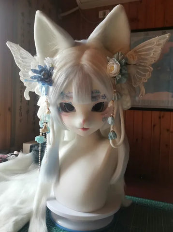 Pastel Blue White Angel Bunny Kigurumi Head Fursuit