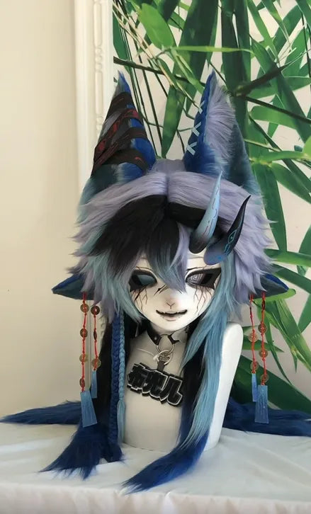 Dark Blue Black Horned Dragon Fox Kigurumi Head Fursuit