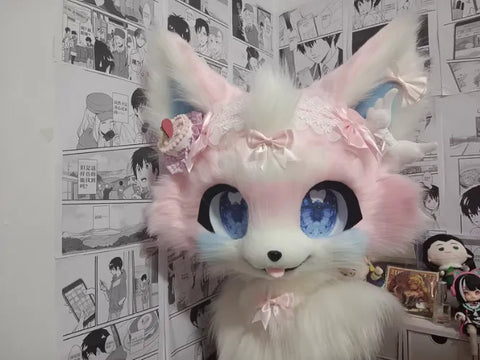 Strawberry Blue Pink Fox Kemono Head Fursuit