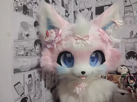 Strawberry Blue Pink Fox Kemono Head Fursuit