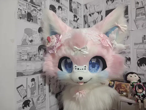 Strawberry Blue Pink Fox Kemono Head Fursuit
