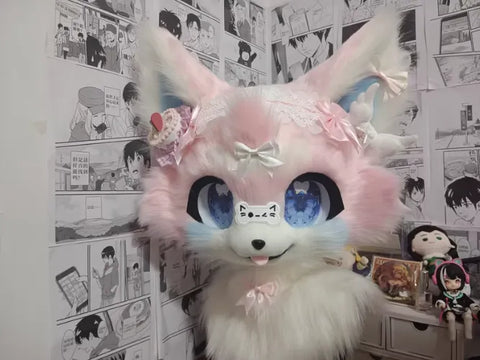 Strawberry Blue Pink Fox Kemono Head Fursuit