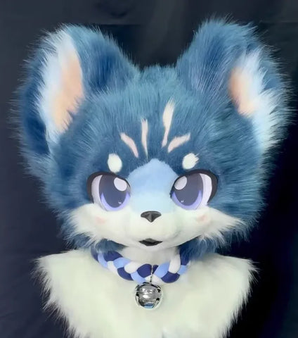 Blue and White Big-Eyed Kawaii Wolf Kemono Fursuit Head - Fuwa Fursuit